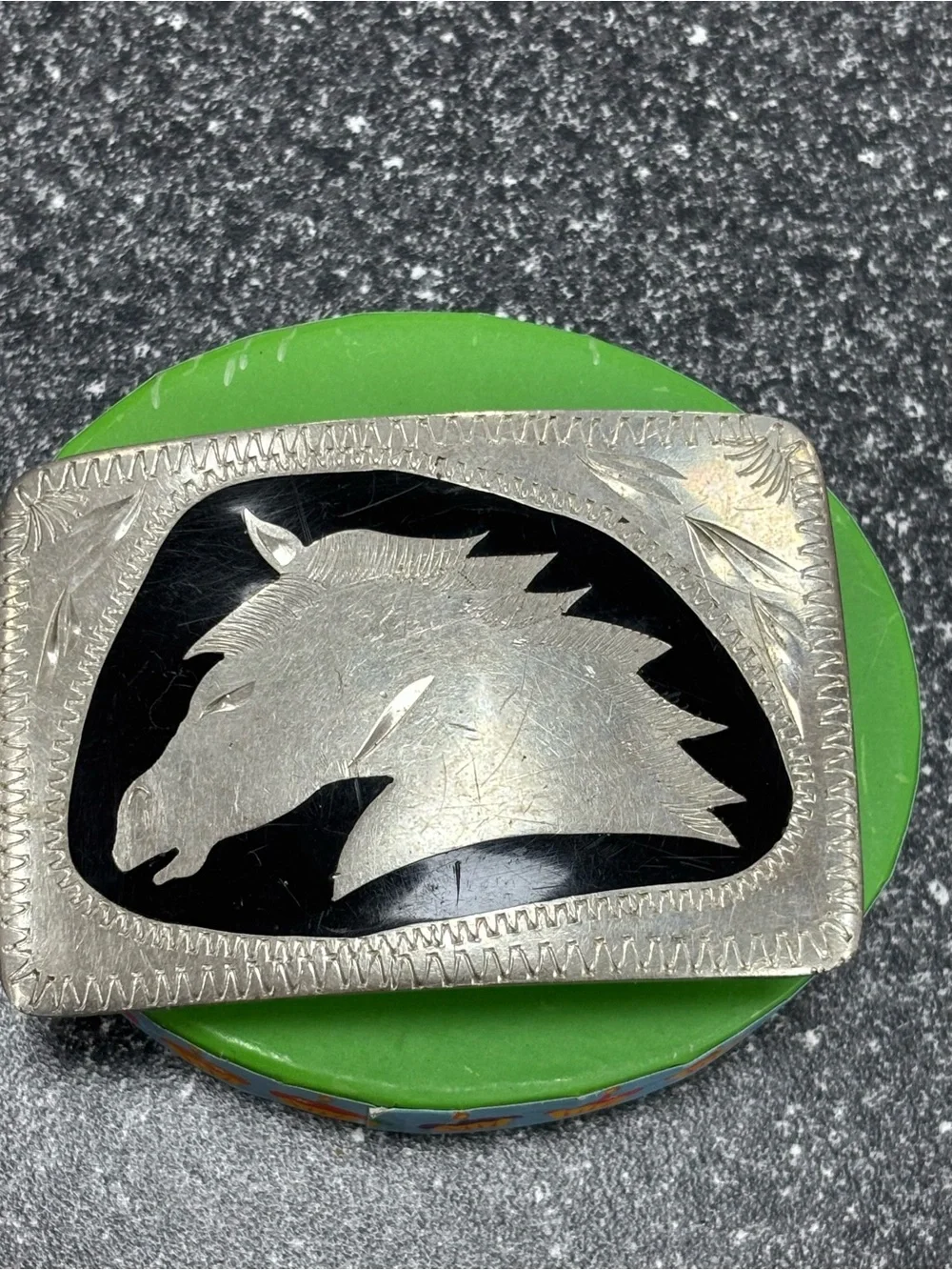 Vintage Western German Silver Engraved Horse Head Belt Buckle Black Onyx